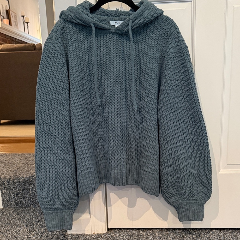 FLX Cozy Hooded Knit Sweater in Dusty Teal